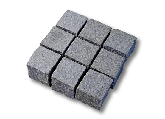 Granit Pflaster 9/9/8 cm (hellgrau), OF geflammt in Kiste, wie G603
